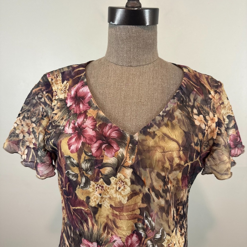 Vintage Fairy Chiffon Y2K Sheath Dress Womens 10 Petite Multicolor Floral V Neck